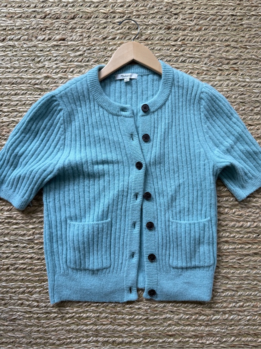 Madewell Aqua Ribbed Short-Sleeve Button Cardigan